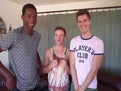 Cute little white guy gets into a steamy interracial sandwich