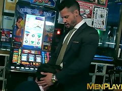 Handsome men in classy suits spitroasting pretty bottom