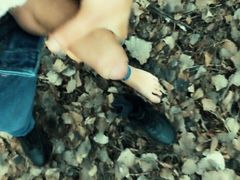 Twink barefoot jerking in the park - cumshot on shoe and foot