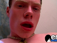 Charming gay dude wanks his unshaved prick until he unloads his jizz