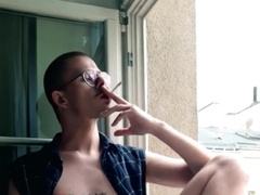 DISPLAYING OFF MY FIRM HARD-ON WHILE SMOKING IN THE WINDOW