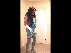 Brunette slut in blue scoop dress