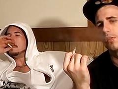 Two straight thugs stroke their long cocks and cum