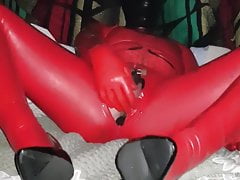 Like a rubberdoll in chastity, huge plug and heels
