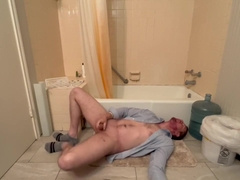 Masturbating On His Back On The Bathroom Floor Wanking In My Blue Shirt And Socks - Blondnblue222