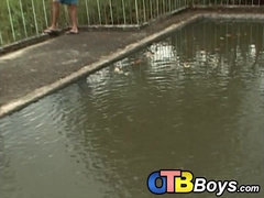 Young Latinos vigorously rawpounding each other in nature