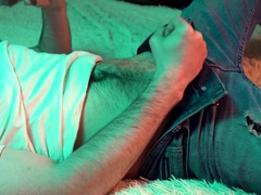 a young warm fellow sees pornography on his smartphone and masturbates off his petite shaft.