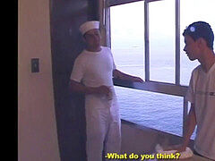 A young bartender takes a ginormous jizz-shotgun from handsome taylor