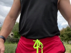 Guy lets his man sausage suspend out while ambling in public