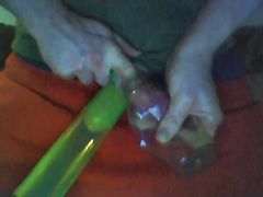 Shaved balls vacuum pumps and cock masturbating with juice bottle