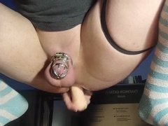 Locked sissy despairingly attempting to jizz