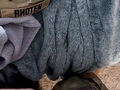 Army solider Pounding a latex pussy while wearing full uniform and then laying on bed to bust a nut!