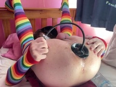XL inflatable dildo stretches size queen femboy Rainbow's tight hole wide open