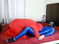 Touch, cock-squeezing, shiny spandex