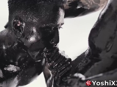 Asian Damian Dragon and Yoshi Kawasaki splatter oily black goo while breeding raw