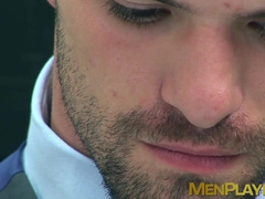 Bearded businessmen drills HR hunk for better evaluation