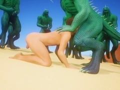 A crowd of fur covered aliens bang a youthful guy in turn