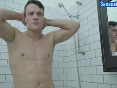 SENSUAL GAY - Hung showering muscle wanking solo while showing body off