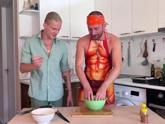 Chef plumbed a nice lad while cooking dinner, nutting all over his sphincter