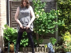 Sexy masturbating crossdresser in thigh boots outdoors 214