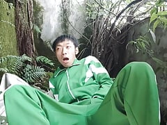 Cute Asian boy moans softly on the beautiful balcony, masturbates, ejaculates and eats juice