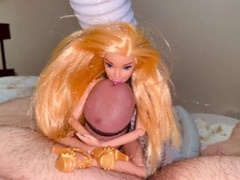 Cum-covered sex doll tied up and jerked off on Barbie