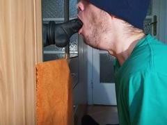 Massive 8-inch dildo goes all the way down the throat and cums
