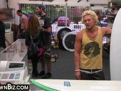 Ash-Blonde queer pawn threesome analed in office of the shop