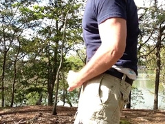 Wanking my wood in public, jerking my manstick, spunk dribbling.