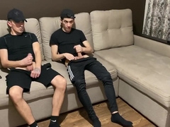 Hetero wank off with lad bummer buddy in sportswear (oral job and jism in throat)