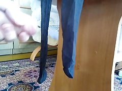 Cum on smelly girlfriend's black stockings