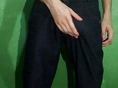 Skinny young boy in jeans showing off her hairy body