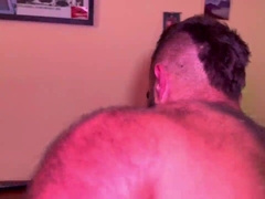 Tabby and bear hairy man take turns in