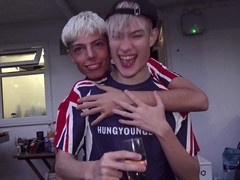 Three adorable lads get down on a stranger's couch in a wild gangbang