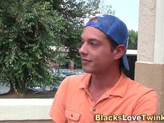 Jizm in 3-way with a hot ebony babe & a cum-hungry guy