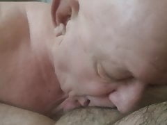 Lovely bald grandpa worships cock