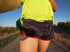 Cock-squeezing glossy fitness cutoffs bulbous routine (freeballing in a public place)