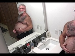 Douche, fat belly play, hairy cock solo
