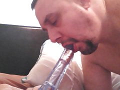 Cocksucking practice on purple cock