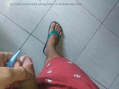 Gay-for-pay fellow applying the serum directly to his jizz-shotgun for hydration and dilation.