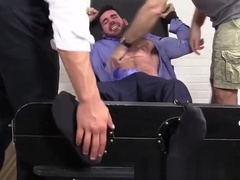 Big muscled Billy laughs hard while tickled on strap chair