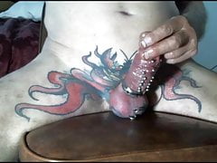 Cum with Estim ring on and slow motion and stim sound.