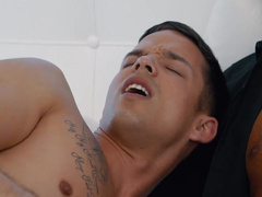 Steamy black lads share white twink in merciless threesome