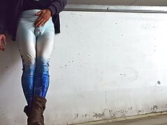 Piss in shiny leggings