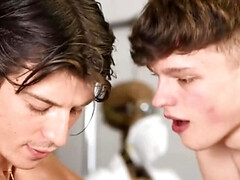 Classroom threesome with a double BJ and a spitroast