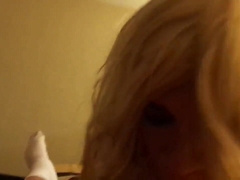 Trashy Blonde Crossdresser's Amateur Gangbang Blowjob