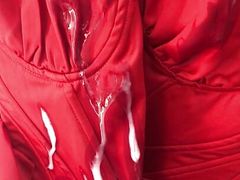 DOUBLE CUM onto Sexy Red Satin Dress in Changing Room