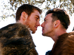 Wintertime fucking in a public place for muscular hunks