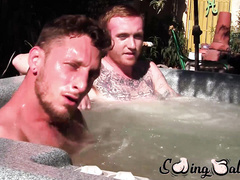 Tattooed redhead homo leaves jacuzzi to jack off meat with lover
