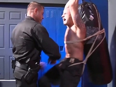 Bald lover plays submissive in rough bondage sexual treat